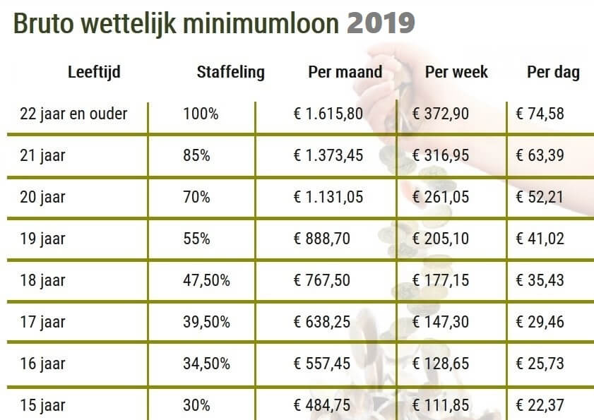 minimumloon 2019, minimumjeugdloon 2019, het wettelijk minimumloon. minimumloon 2019, loon 2019, wml 2019, salaris 2019